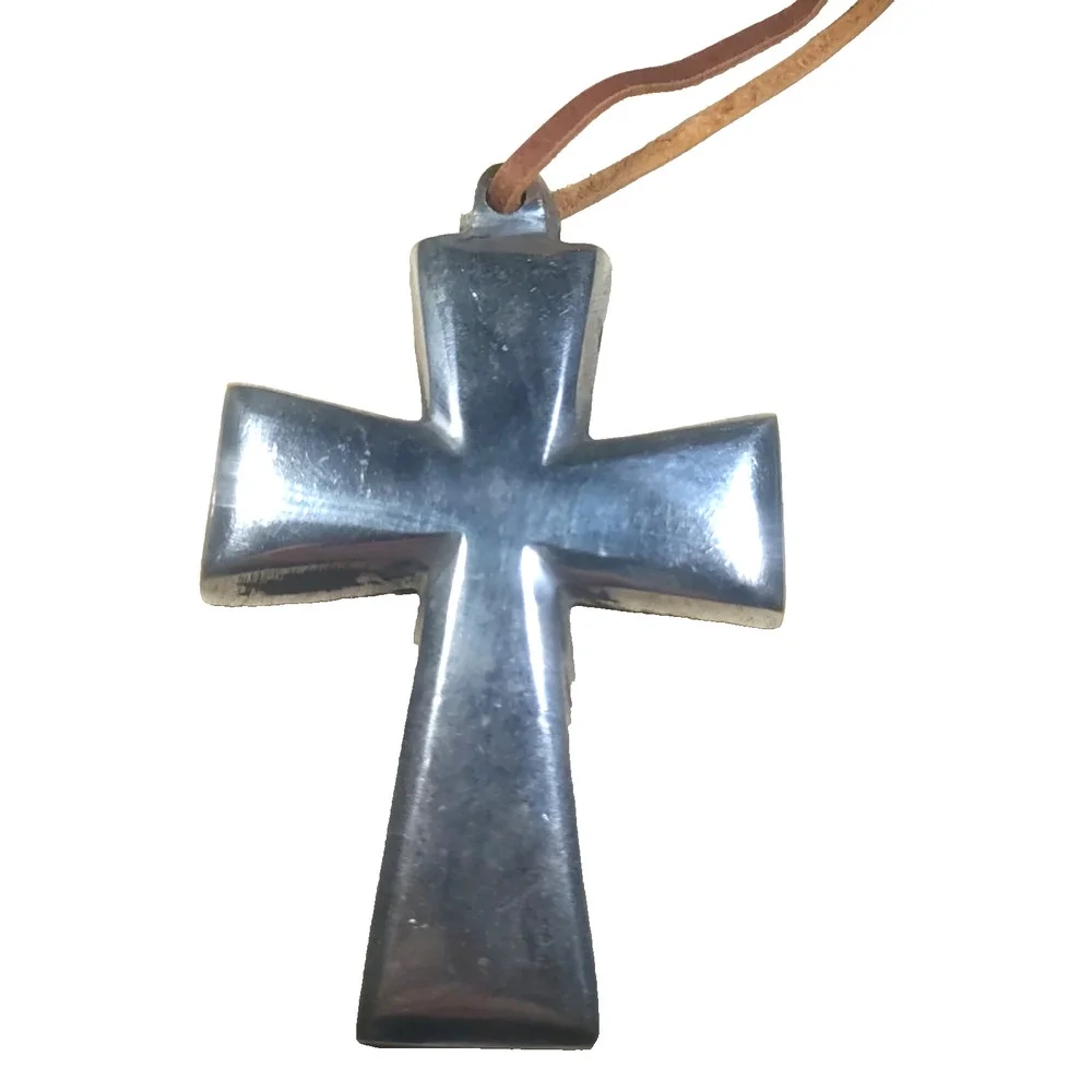 Large Heavy Solid Metal Silver Tone Cross Brutalist Leather Strap